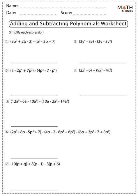 adding subtracting polynomials worksheet with answers